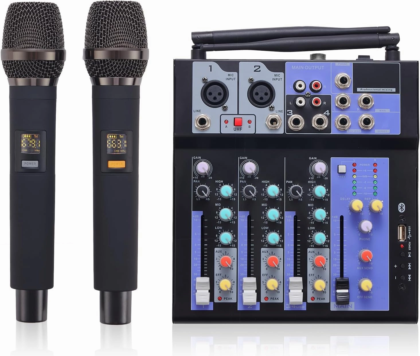 Professional Audio Mixer with Dual Wireless Mic, 4 Channel Mixer Board Sound Board DJ Mixer Console System MP3 Bluetooth 48V Phantom Power USB Interface for Home Karaoke Party mixer console,audio mixing desk,DJ console,