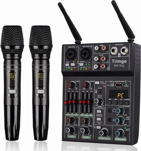Professional Audio Mixer With Dual Wireless Microphone, Sound Board Console System Interface 4 Channel Dj Mixer USB Bluetooth MP3 Computer Input 48V Phantom Power, Suitable for DJ Karaoke PC Guitar mixer console,audio mixing desk,DJ console,