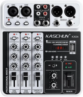 Professional DJ audio mixer, 4-channel DJ mixer, Bluetooth sound mixer, supports USB/MP3/BT computer input, 48V phantom power stereo studio audio mixer suitable for DJ studio streaming recording audio interface,USB interface,music recording input,