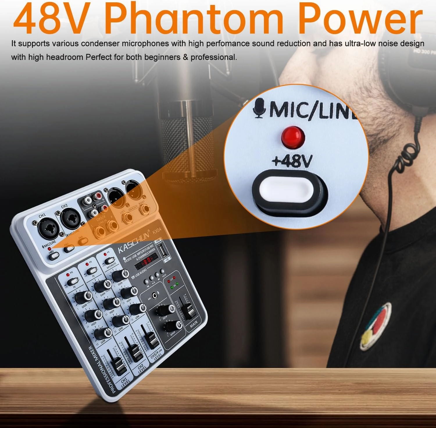 Professional DJ audio mixer, 4-channel DJ mixer, Bluetooth sound mixer, supports USB/MP3/BT computer input, 48V phantom power stereo studio audio mixer suitable for DJ studio streaming recording