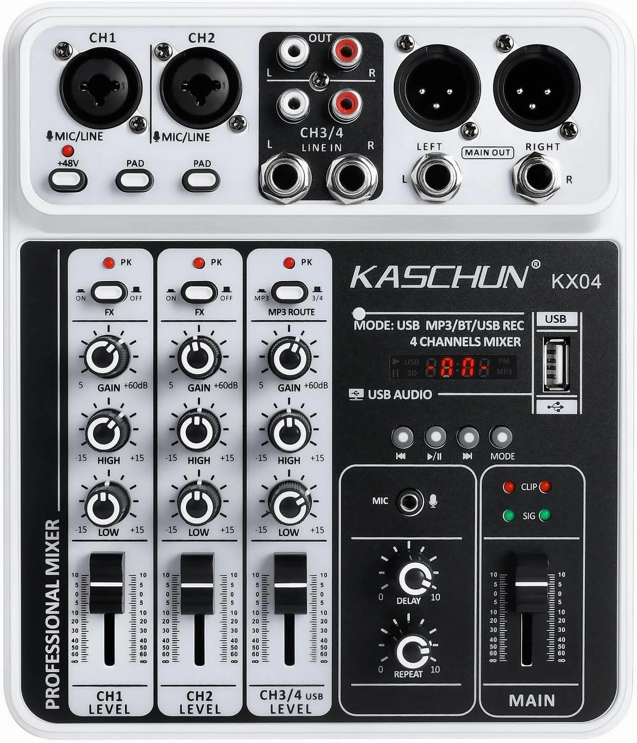 Professional DJ audio mixer, 4-channel DJ mixer, Bluetooth sound mixer, supports USB/MP3/BT computer input, 48V phantom power stereo studio audio mixer suitable for DJ studio streaming recording audio interface,USB interface,music recording input,