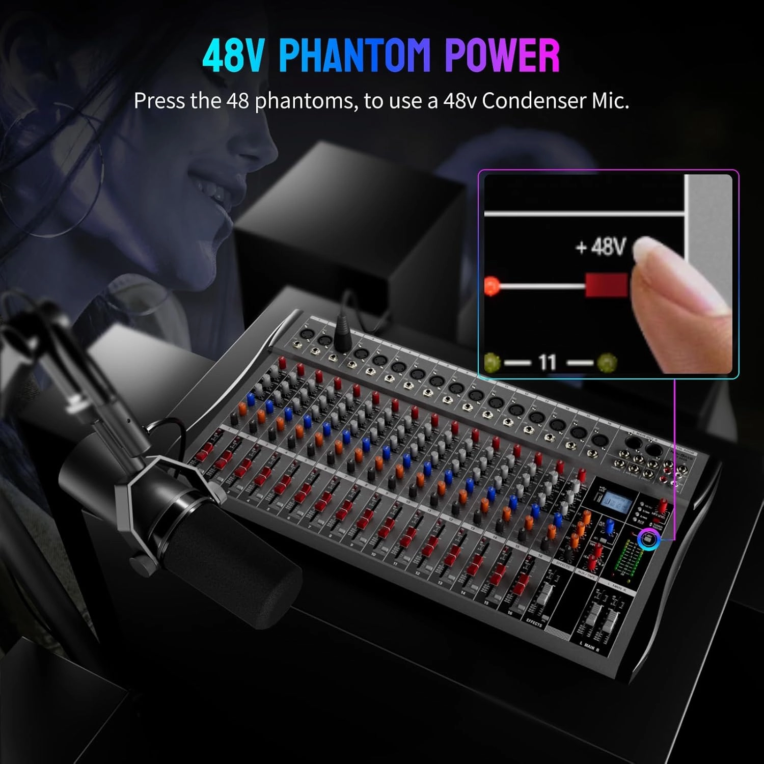 Professional DJ Audio Mixer,NEW BAXS 16 Channel DJ Bluetooth Controller Sound Mixer,USB Interface,16 XLR Mic/Line Input,AUX,FX Processor MP3 Player, 48V Phantom For Karaoke Studio Streaming Recording