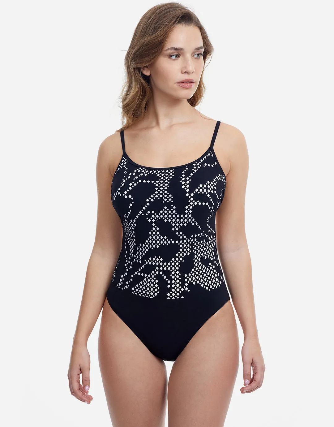 Profile Mashrabiya Round Neck Tie Back Swimsuit - Black