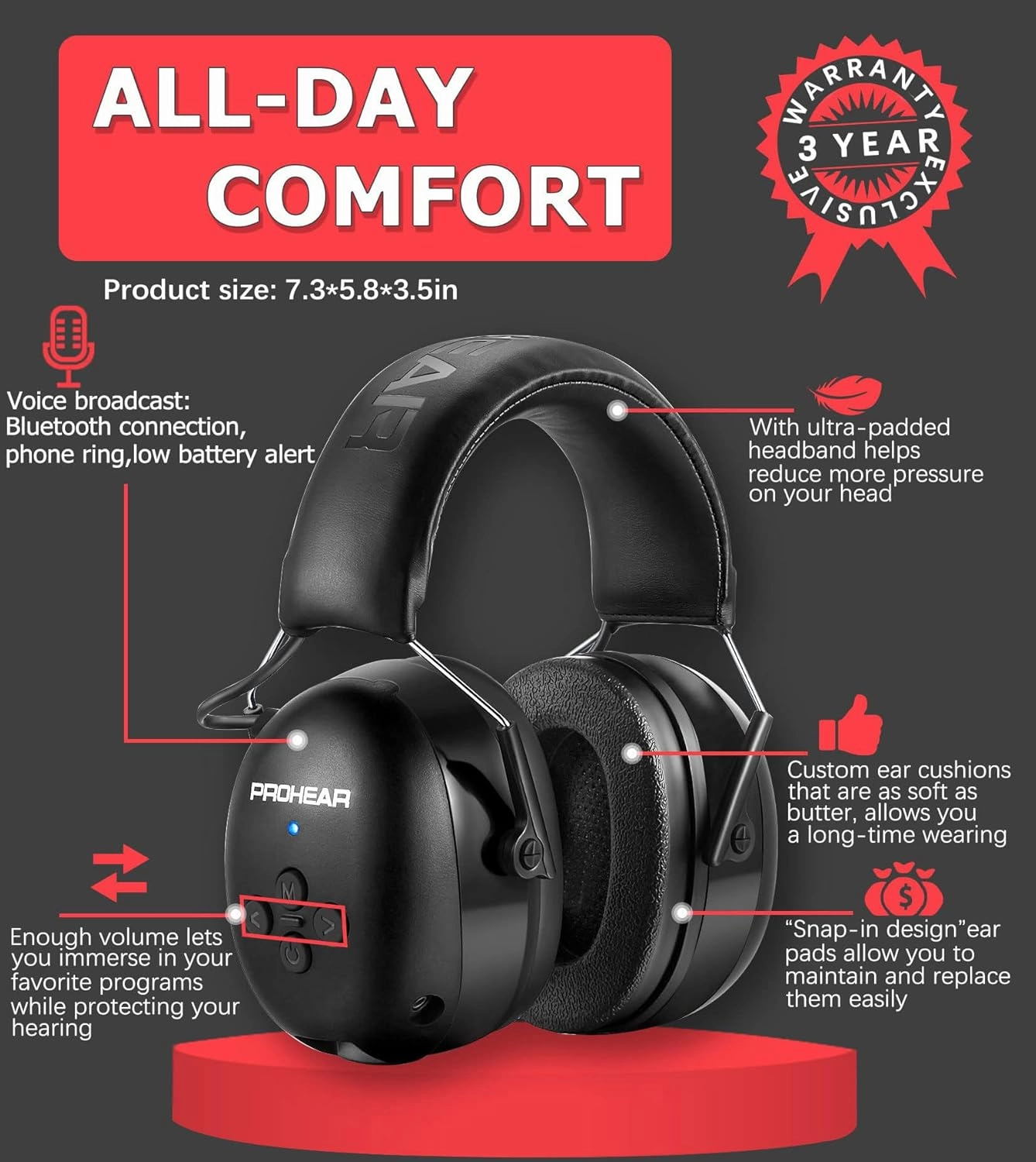 PROHEAR 037 Bluetooth 5.3 Hearing Protection Headphones with Rechargeable 1500mAh Battery, 30dB SNR Safety Noise Reduction Ear Muffs 120H Playtime for Mowing, Workshops, Snowblowing - Black