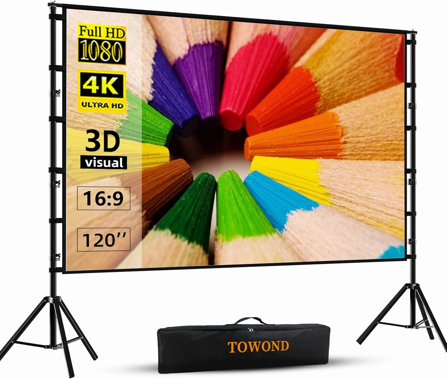 Projector Screen and Stand,Towond 120 inch Outdoor Projection Screen, Portable 16:9 4K HD Rear Front Movie Screen with Carry Bag Wrinkle-Free Design for Home Theater Backyard Cinema home cinema system,5.1 home theater,surround sound package,