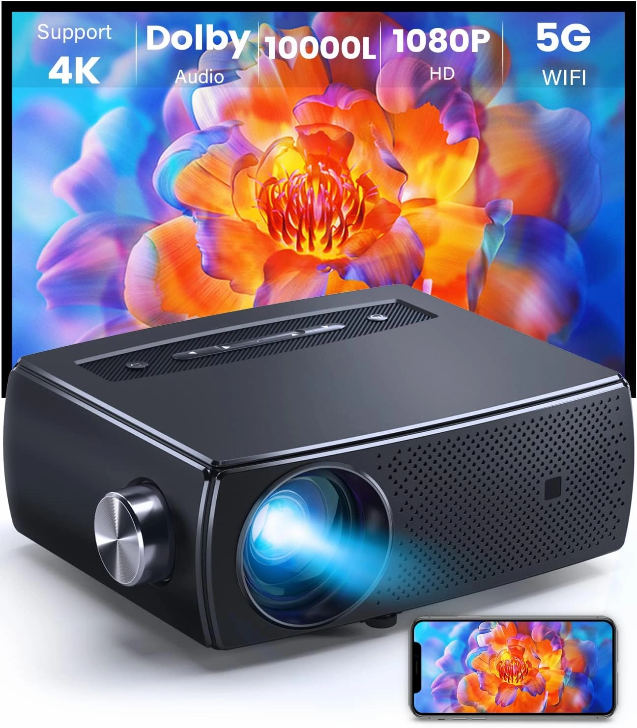 Projector with 5G WiFi & Bluetooth 4K Support, CLOKOWE 10000L Full HD 1080P Outdoor Portable Video Projector with Screen,Home Theater Projector Max 300" Compatible with Android/iOS/TV Stick/PS4/Laptop home cinema system,5.1 home theater,surround s