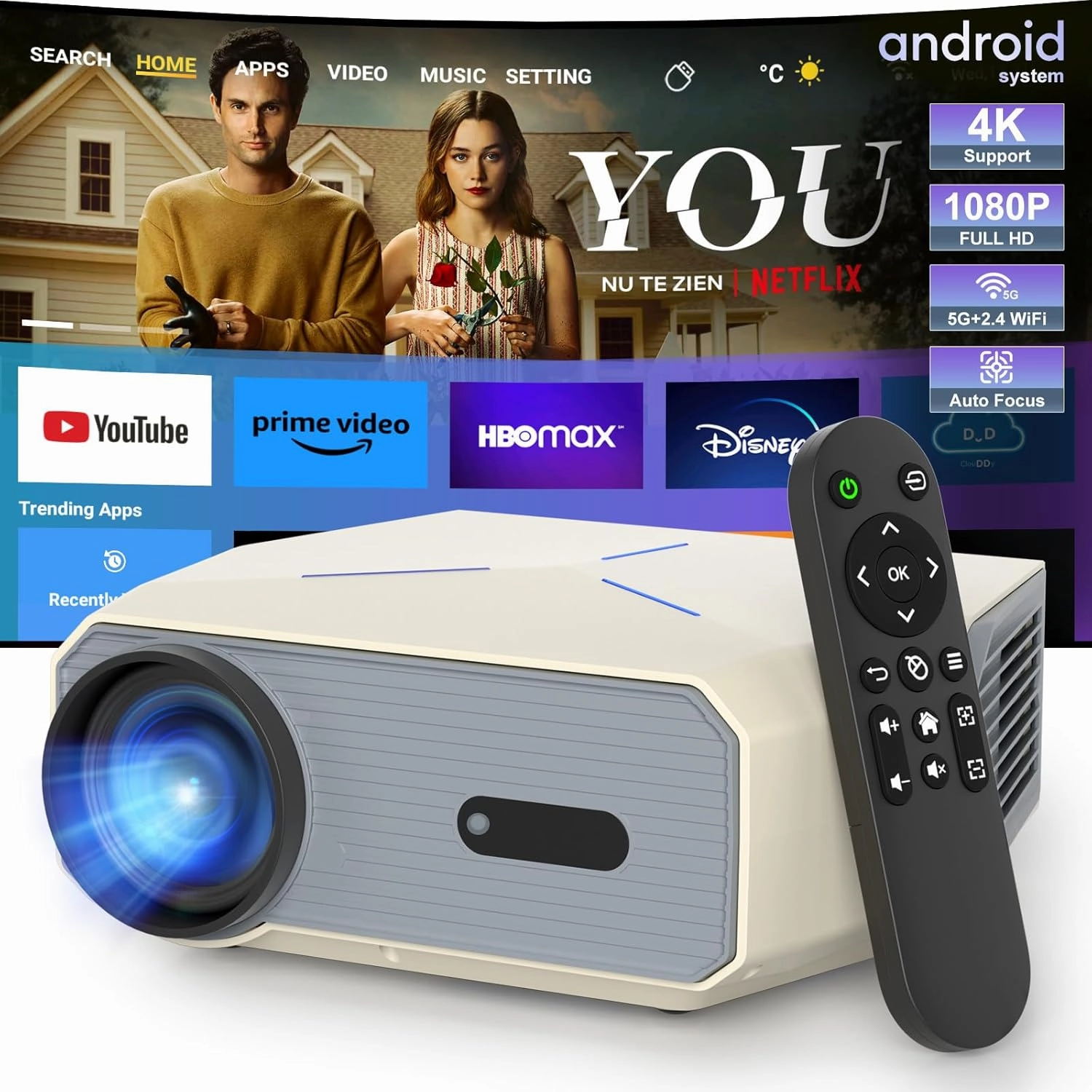 Projector with WiFi and Bluetooth, Auto Focus & Keystone, Native 1080P 12000L 4K Support, Outdoor Movie Projector for Home Theater UP to 250" Display, for HDMI/USB/iOS/Android/Laptop/TV Stick home cinema system,5.1 home theater,surround sound pack