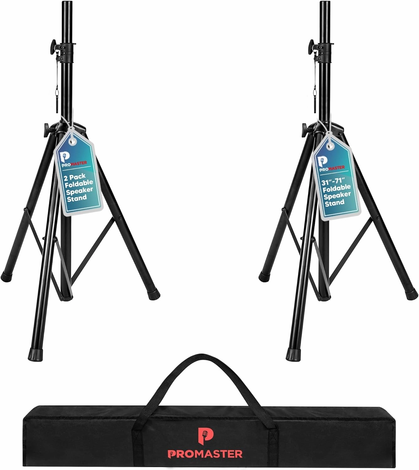 ProMaster Tripod Speaker Stand - Set of 2 Universal and Telescopic Adjustable, Non-Slip Fleet, On-Stage and Studio-Quality Tripod Speaker Stand Mount Holder with Safety Locks and Carrying Bag - Black speaker stands,monitor stands,floor speaker holders,