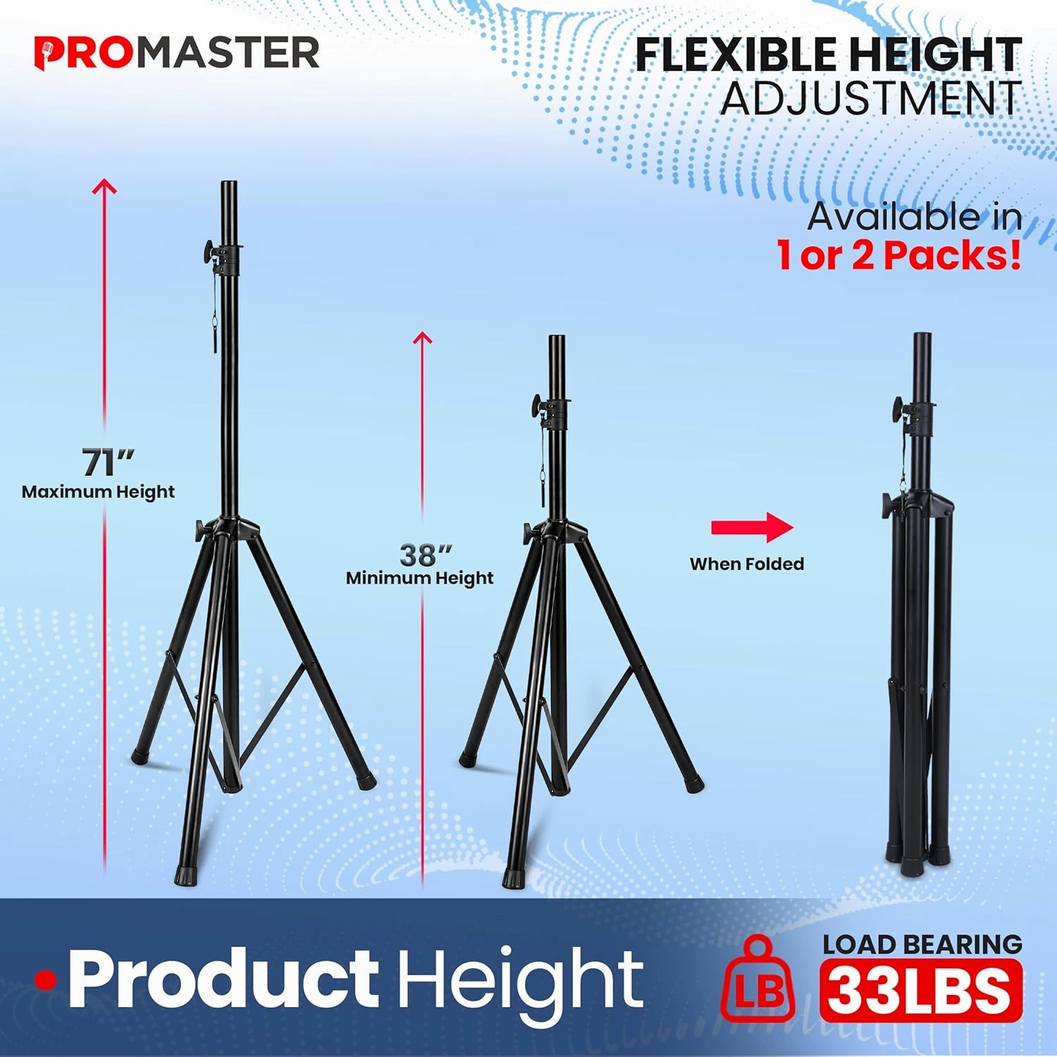 ProMaster Tripod Speaker Stand - Set of 2 Universal and Telescopic Adjustable, Non-Slip Fleet, On-Stage and Studio-Quality Tripod Speaker Stand Mount Holder with Safety Locks and Carrying Bag - Black
