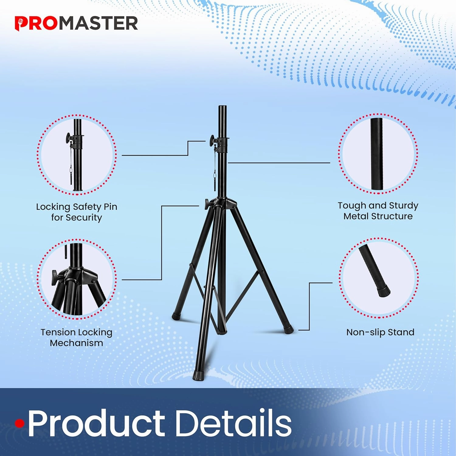 ProMaster Tripod Speaker Stand - Set of 2 Universal and Telescopic Adjustable, Non-Slip Fleet, On-Stage and Studio-Quality Tripod Speaker Stand Mount Holder with Safety Locks and Carrying Bag - Black