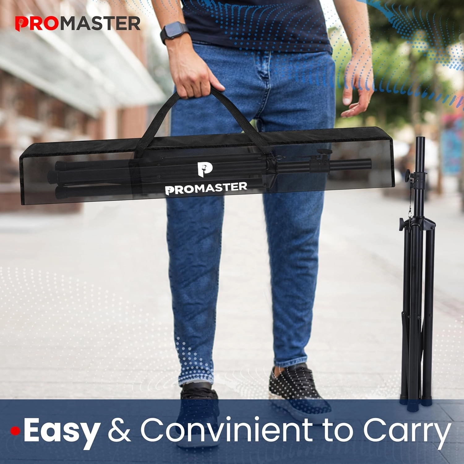 ProMaster Tripod Speaker Stand - Set of 2 Universal and Telescopic Adjustable, Non-Slip Fleet, On-Stage and Studio-Quality Tripod Speaker Stand Mount Holder with Safety Locks and Carrying Bag - Black