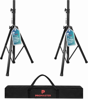 ProMaster Tripod Speaker Stand - Set of 2 Universal and Telescopic Adjustable, Non-Slip Fleet, On-Stage and Studio-Quality Tripod Speaker Stand Mount Holder with Safety Locks and Carrying Bag - Black speaker stands,monitor stands,floor speaker holders,