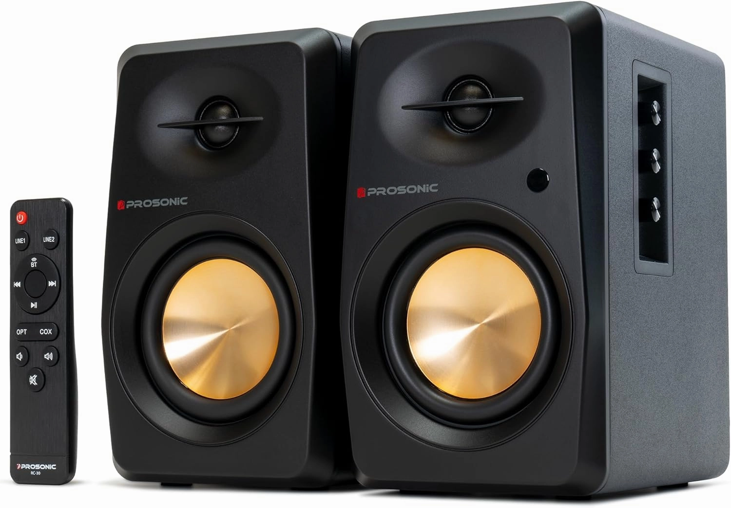 Prosonic BT30(2023 Version) Active Powered Bluetooth Bookshelf Speakers, Studio Monitor, Home Theater, Turntable with Optical Input, Coaxial Input, 2X RCA Aux Line Input, 80 Watts, (Black) bookshelf speakers,compact stereo speakers,hi-fi shelf speakers,
