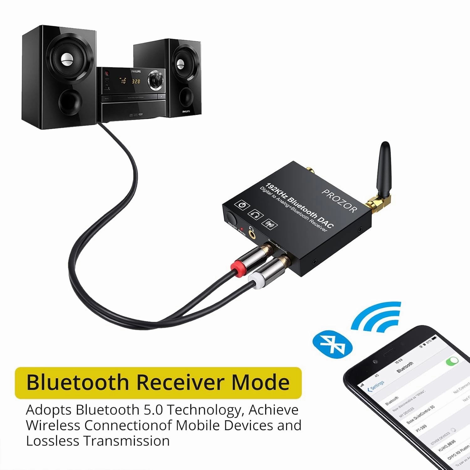 PROZOR 192KHz Digital to Analog Audio Converter, Bluetooth Audio Adapter with Bluetooth 5.0 Receiver, DAC Optical Coaxial Toslink to Stereo L/R RCA 3.5mm Audio Adapter, for HDTVs Smartphones Tablets
