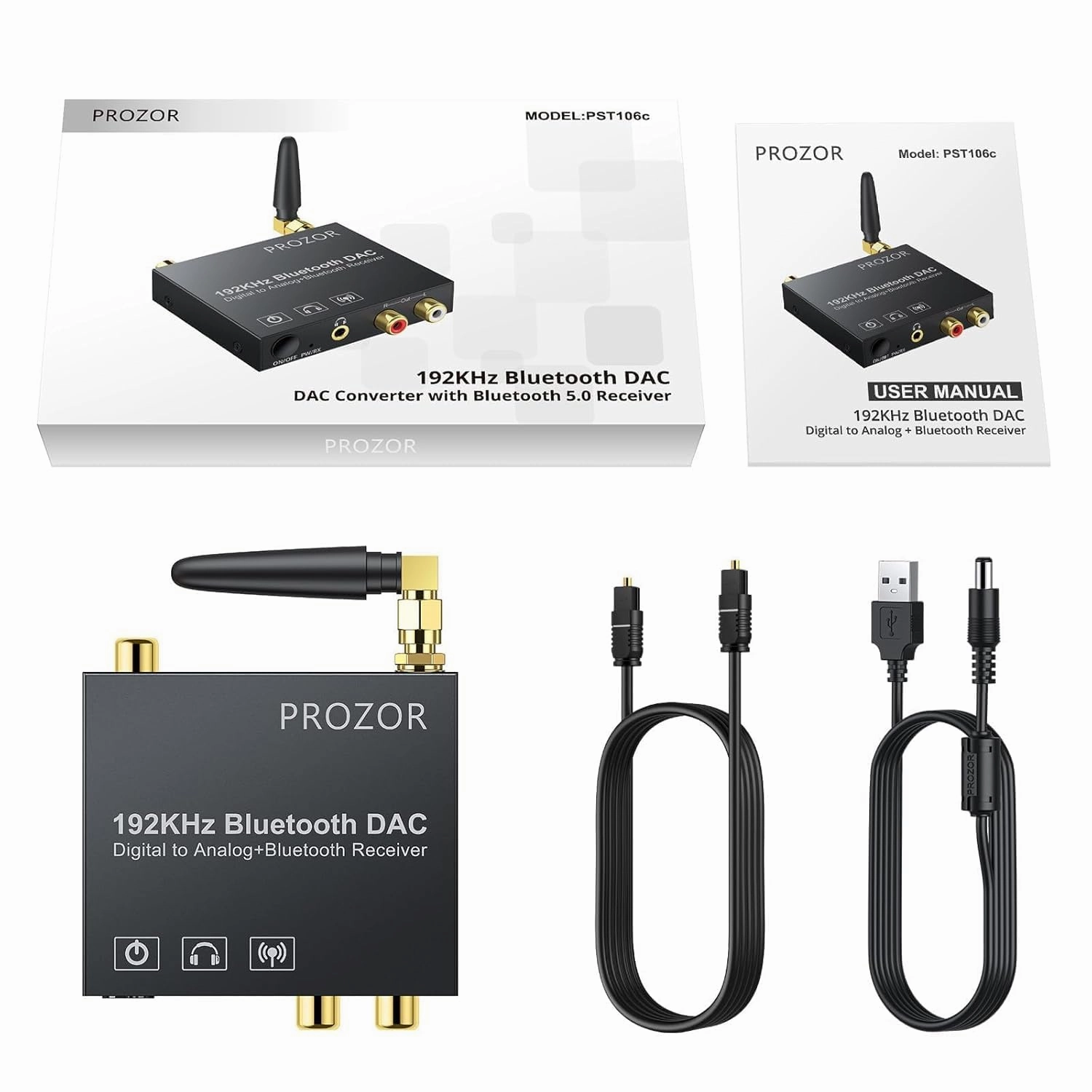 PROZOR 192KHz Digital to Analog Audio Converter, Bluetooth Audio Adapter with Bluetooth 5.0 Receiver, DAC Optical Coaxial Toslink to Stereo L/R RCA 3.5mm Audio Adapter, for HDTVs Smartphones Tablets