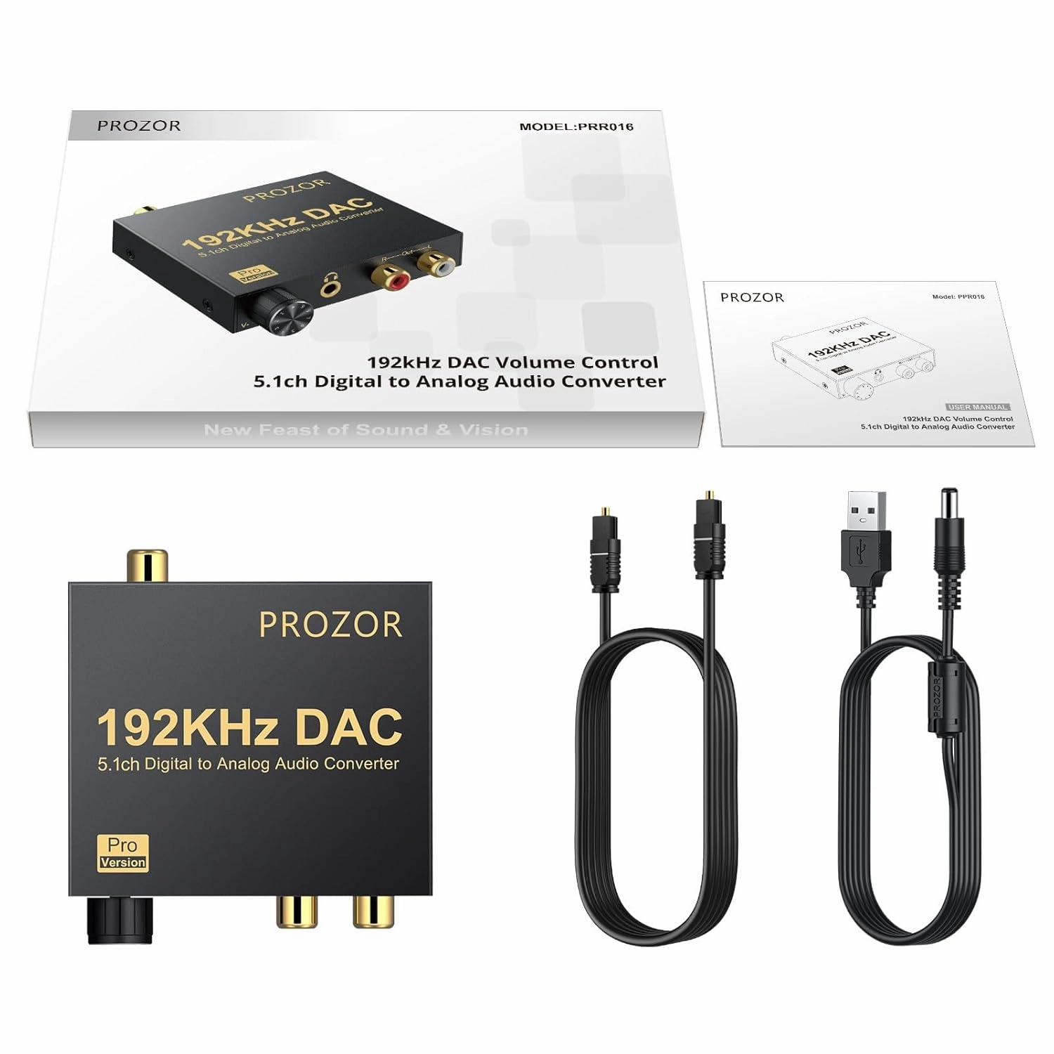 PROZOR 192kHz Digital to Analog Audio Converter Support Dolby AC-3 DTS 5.1CH with Volume Adjustable, Optical to L/R DAC Decoder, Digital DAC Converter SPDIF TOSLINK to Stereo L/R & 3.5mm Jack