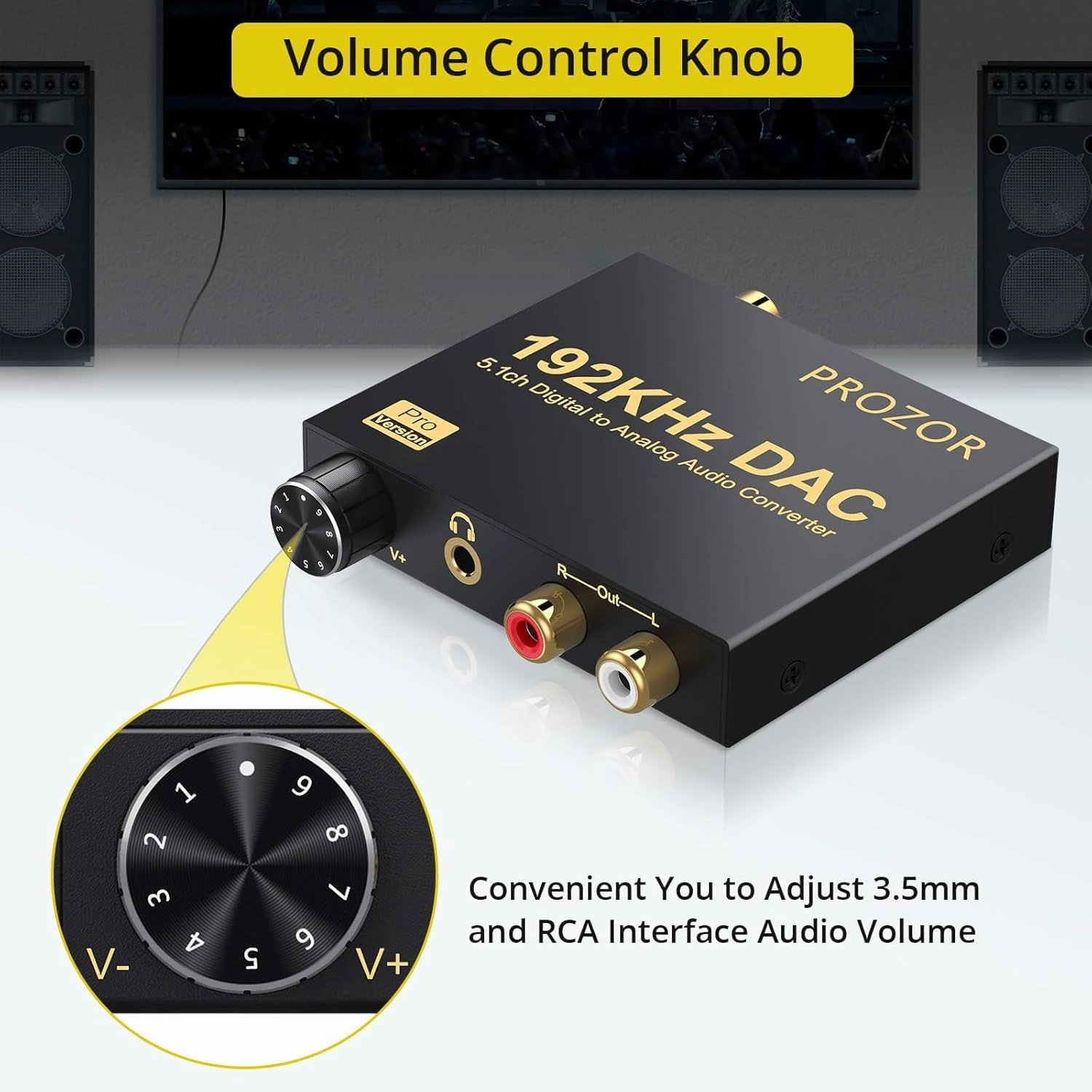 PROZOR 192kHz Digital to Analog Audio Converter Support Dolby AC-3 DTS 5.1CH with Volume Adjustable, Optical to L/R DAC Decoder, Digital DAC Converter SPDIF TOSLINK to Stereo L/R & 3.5mm Jack