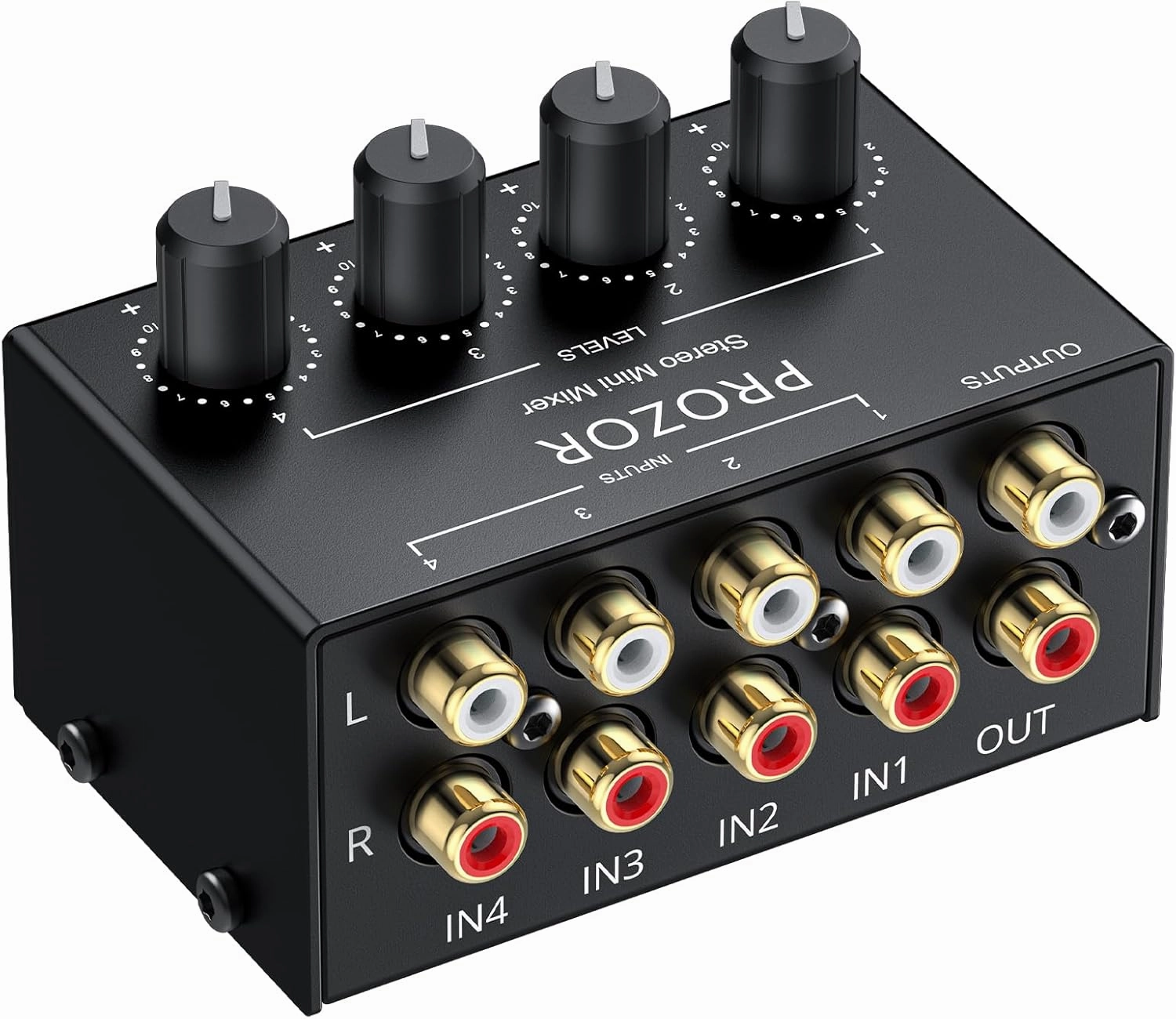 PROZOR 4-Channel Stereo Audio Mixer, RCA Input with Independent Volume Controls, Metal Housing, Ultra Low Noise, for TV/PC Mixing, Home Studios, DJ Performances  No Power Required, Plug and Play balanced output player,audiophile player,hi-res digital playe