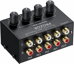 PROZOR 4-Channel Stereo Audio Mixer, RCA Input with Independent Volume Controls, Metal Housing, Ultra Low Noise, for TV/PC Mixing, Home Studios, DJ Performances  No Power Required, Plug and Play balanced output player,audiophile player,hi-res digital playe