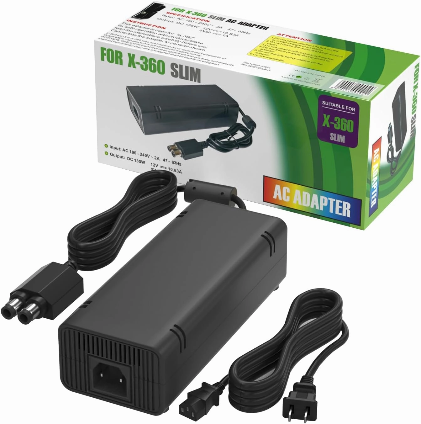 Puning Power Supply Replacement for Xbox 360 Slim,AC Adapter Power Supply[Advanced Quiet Edition] with Cooling Fan Compatible with Xbox 360 Slim Console power cord,hi-fi power cable,AC power lead,