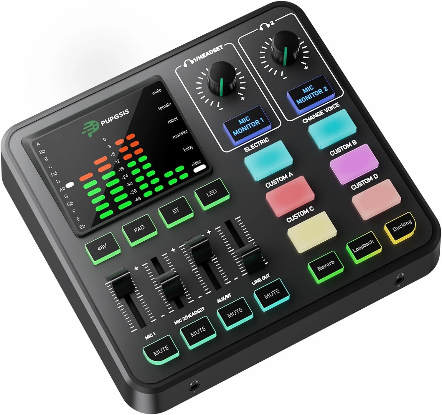 PUPGSIS Gaming Audio Mixer, Audio Interface for PC/Podcast/Streaming, Sound Board with 3.5mm/XLR Mic Input, 48V Phantom Power, Voice Changer, Live Sound Card with DJ Mixer Effects/Bluetooth/4 Channel audio interface,USB interface,music recording input,