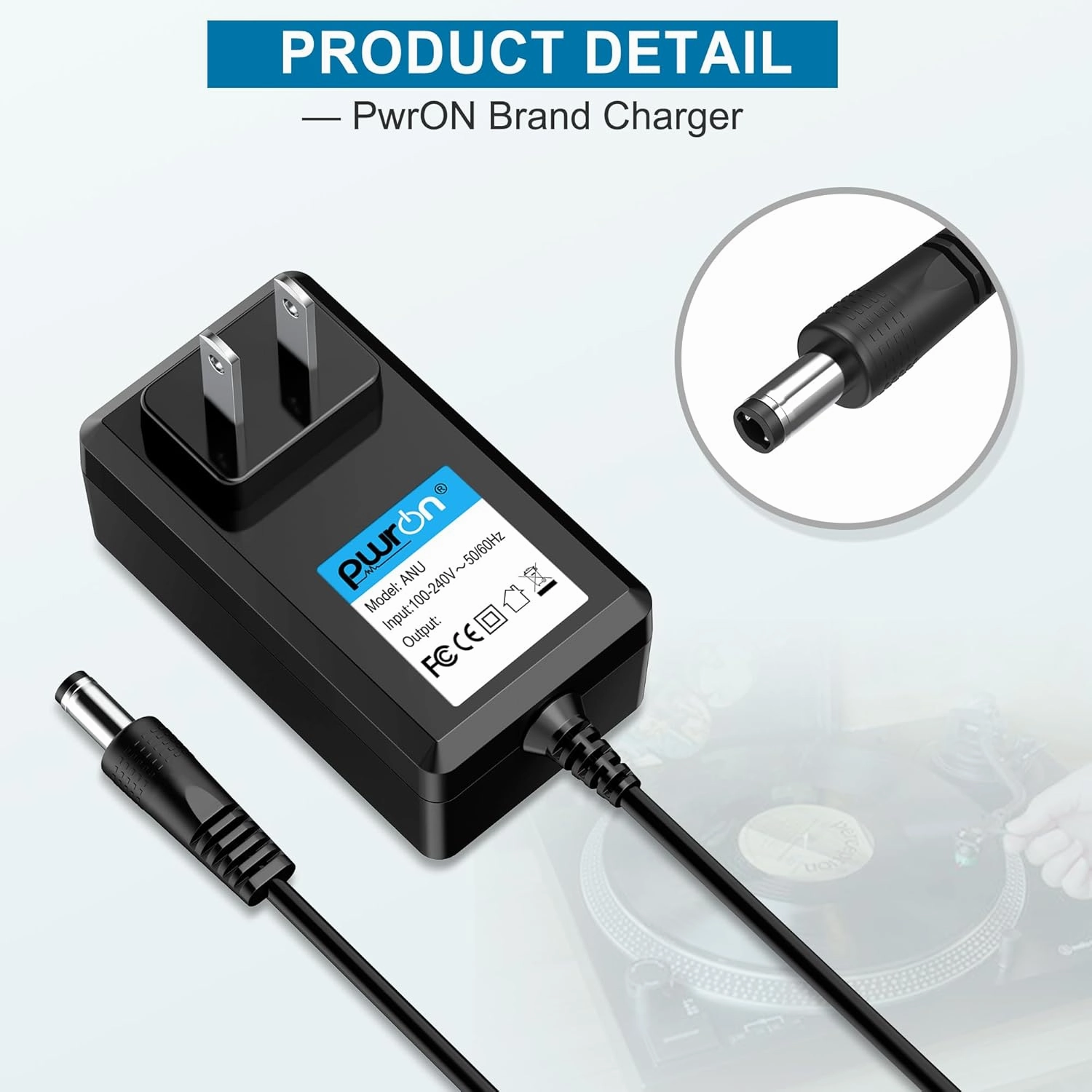 PwrON AC Adapter Power Cord Compatible with Audio-Technica AT-LP60X-BK, AT-LP60X-BW, AT-LP120XUSB-BK Direct-Drive Turntable Record Player 12V Charger Power Supply