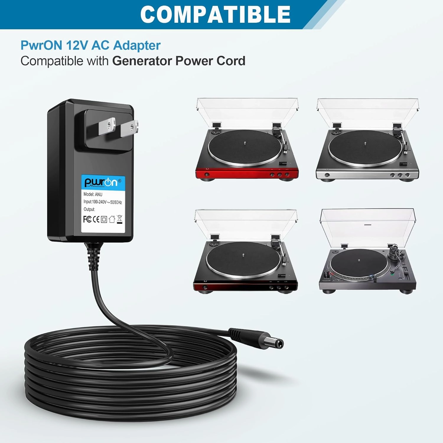 PwrON AC Adapter Power Cord Compatible with Audio-Technica AT-LP60X-BK, AT-LP60X-BW, AT-LP120XUSB-BK Direct-Drive Turntable Record Player 12V Charger Power Supply