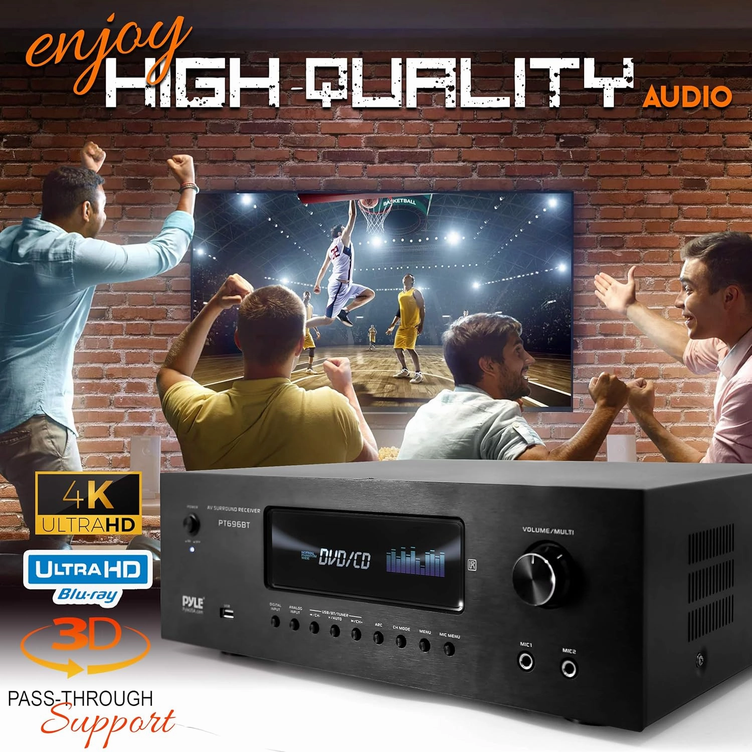 Pyle 1000W Bluetooth Home Theater Receiver - 5.2 Channel Surround Sound Stereo Amplifier System with 4K Ultra HD, 3D Video & Blu-Ray Video Pass-Through Support, HDMI/MP3/USB/AM/FM Radio, Black