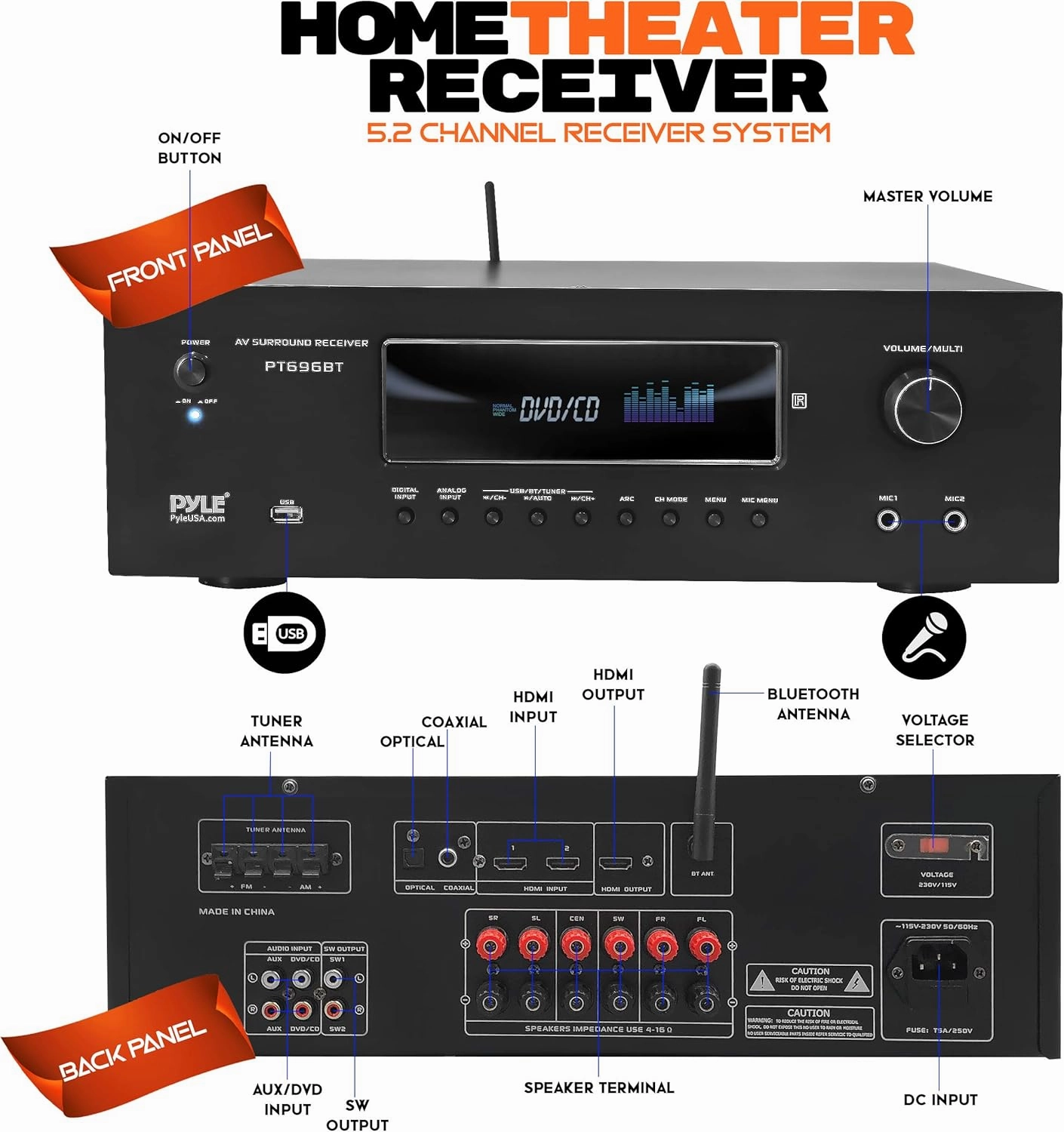 Pyle 1000W Bluetooth Home Theater Receiver - 5.2 Channel Surround Sound Stereo Amplifier System with 4K Ultra HD, 3D Video & Blu-Ray Video Pass-Through Support, HDMI/MP3/USB/AM/FM Radio, Black