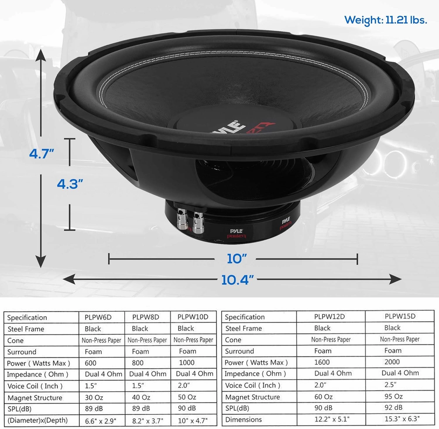 Pyle 10" Car Audio Speaker Subwoofer - 1000 Watt High Power Bass Surround Sound Stereo Subwoofer Speaker System - Non Press Paper Cone, 90 dB, 4 Ohm, 50 oz Magnet, 2 Inch 4 Layer Voice Coil - PLPW10D