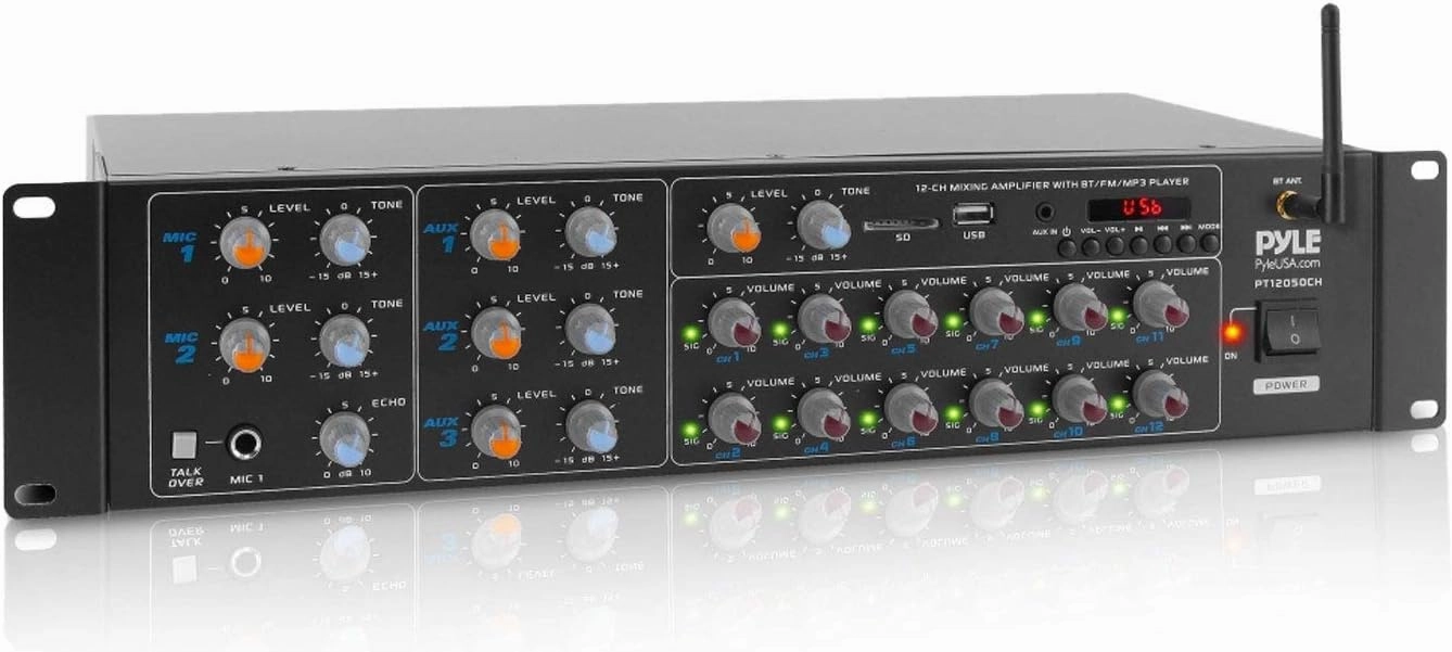 Pyle 12 Channel Power Amplifier w Bluetooth Wireless- 600W Max Power Rack Mount Amplifier with Multi-Zone Sound MixerRCA, USB and AUX inputs-Great for Restaurant, Theater, Studio or Stage- PT12050CH integrated amplifier,stereo receiver,hi-fi amp combo,