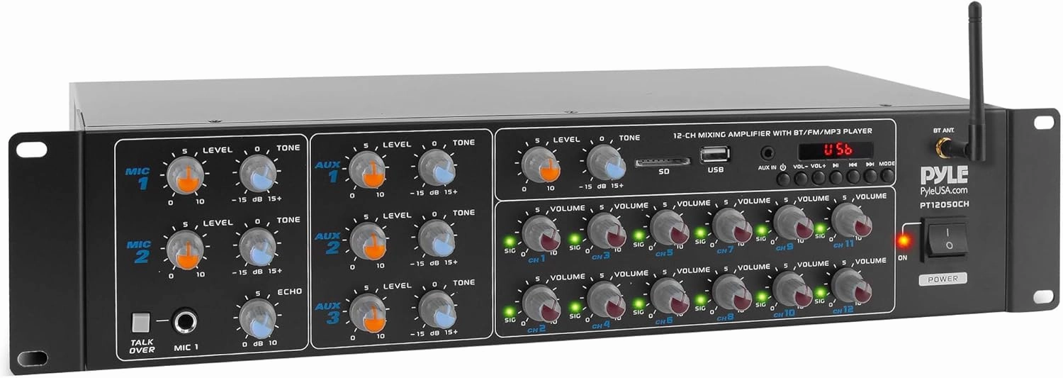 Pyle 12-Channel Wireless Bluetooth Power Amplifier - 6000 Watts Maximum Power Output, Multi-Zone Audio Source Mixer Receiver with USB, SD, AUX Inputs, and Digital LED Display Panel - PT12050CH.5 power amplifier,stereo amp,hi-fi power amp,