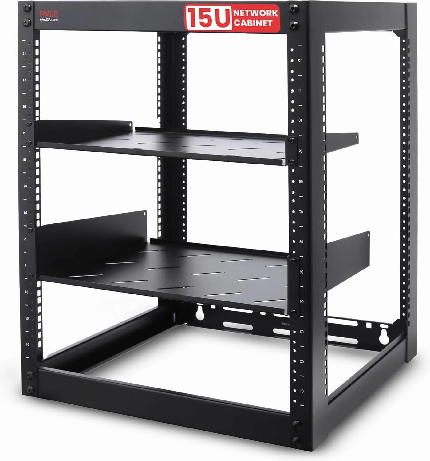 Pyle 15U Open Frame Server Rack - Wall Mount Network Rack for Servers, Networking & AV Gear - Heavy-Duty 19" Equipment, Includes 1U & 2U Vented Shelves for Airflow, Lockable Wheels - 440 lbs Capacity audio rack,hi-fi component stand,media shel