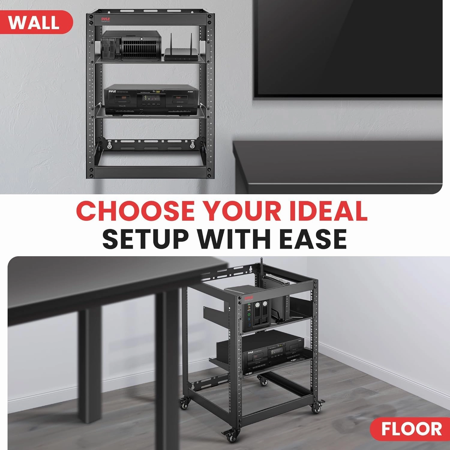 Pyle 15U Open Frame Server Rack - Wall Mount Network Rack for Servers, Networking & AV Gear - Heavy-Duty 19" Equipment, Includes 1U & 2U Vented Shelves for Airflow, Lockable Wheels - 440 lbs Capacity