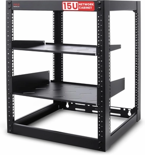 Pyle 15U Open Frame Server Rack - Wall Mount Network Rack for Servers, Networking & AV Gear - Heavy-Duty 19" Equipment, Includes 1U & 2U Vented Shelves for Airflow, Lockable Wheels - 440 lbs Capacity audio rack,hi-fi component stand,media shel