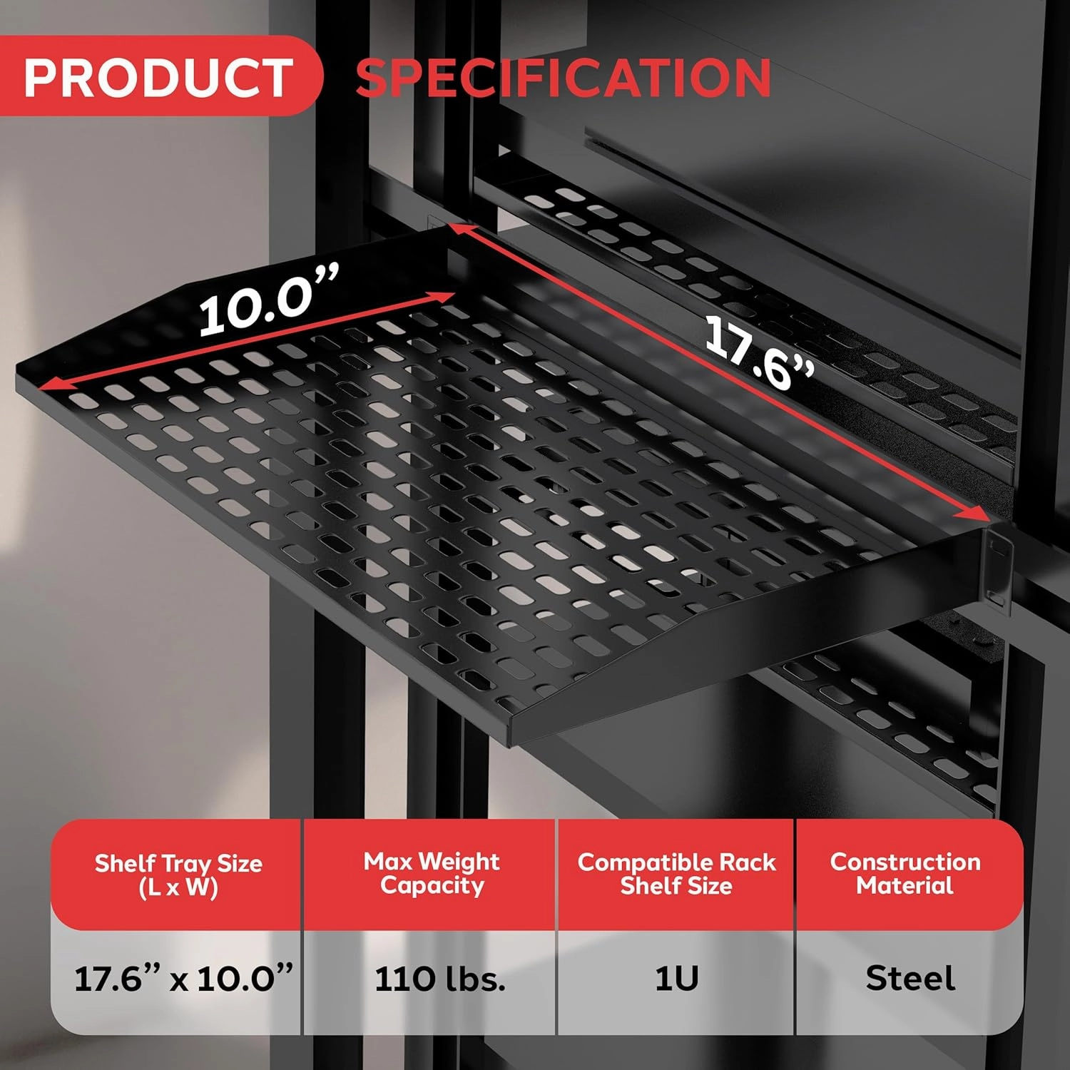 Pyle 19-Inch 1U Server Rack Shelf - 10 pcs. Vented Metal Shelves for Optimal Airflow, Wall or Rack MountableSupports up to 110 lbs, 17 x 10 Shelf Tray for Cabinets, Computers & Network Equipment