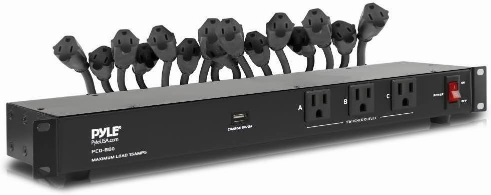 Pyle 19-Outlet 1U Rackmount PDU Power Distribution Unit - 15 Amp Surge Protector - USB Charging Port - Ground Lift - Circuit Breaker - 15FT Cord - 3 Front AC Outlets - 16 Rear Power Cables - PCO860 audio rack,hi-fi component stand,media shelf,