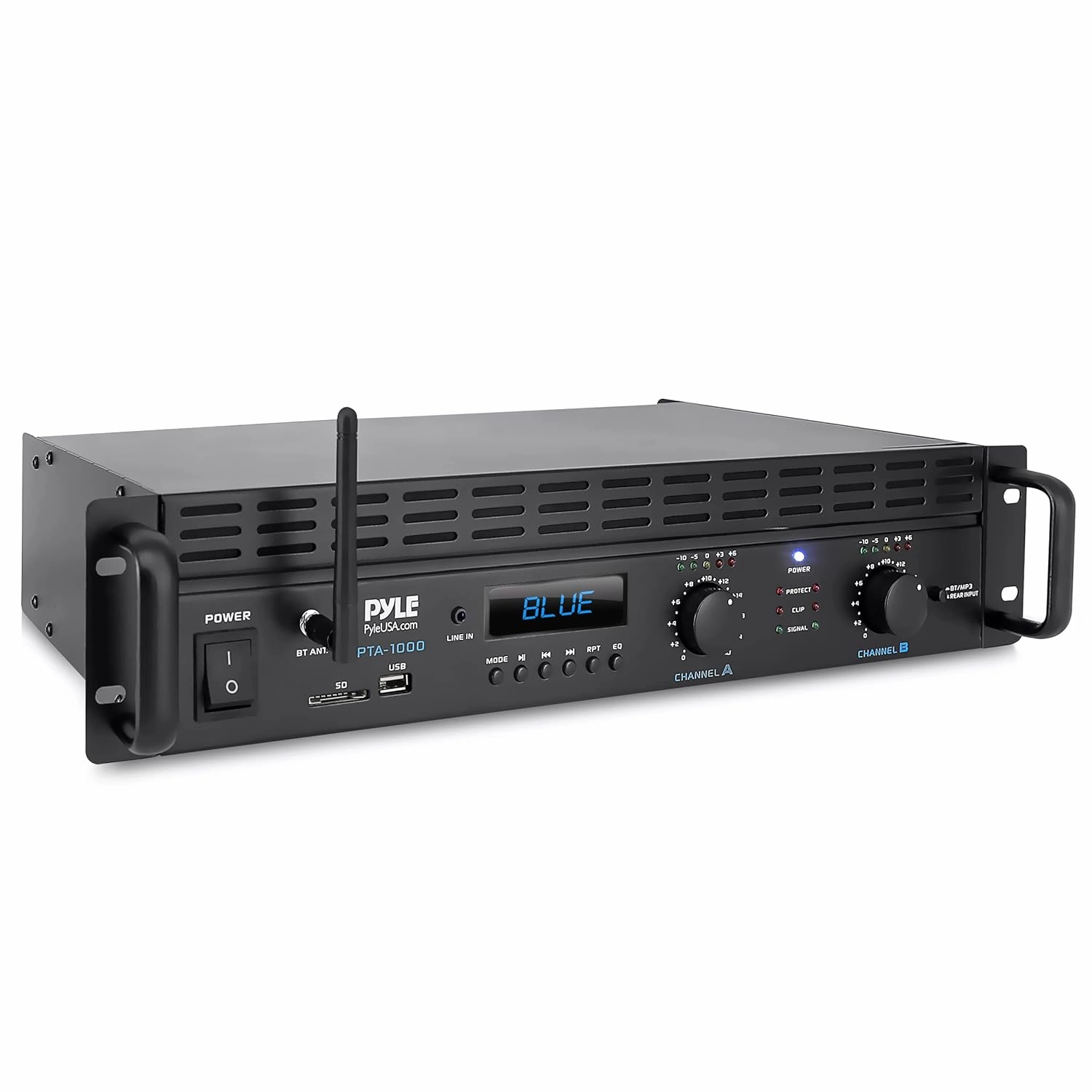 Pyle 2000W 2-Channel Bluetooth 5.0 Power Amplifier - Bridgeable Rack-Mount Pro Audio Receiver with TRS/XLR Input - LCD Display - Cooling Fan - Bridge Mode - 4-8 Ohm Speakers - PTA1000BT integrated amplifier,stereo receiver,hi-fi amp combo,