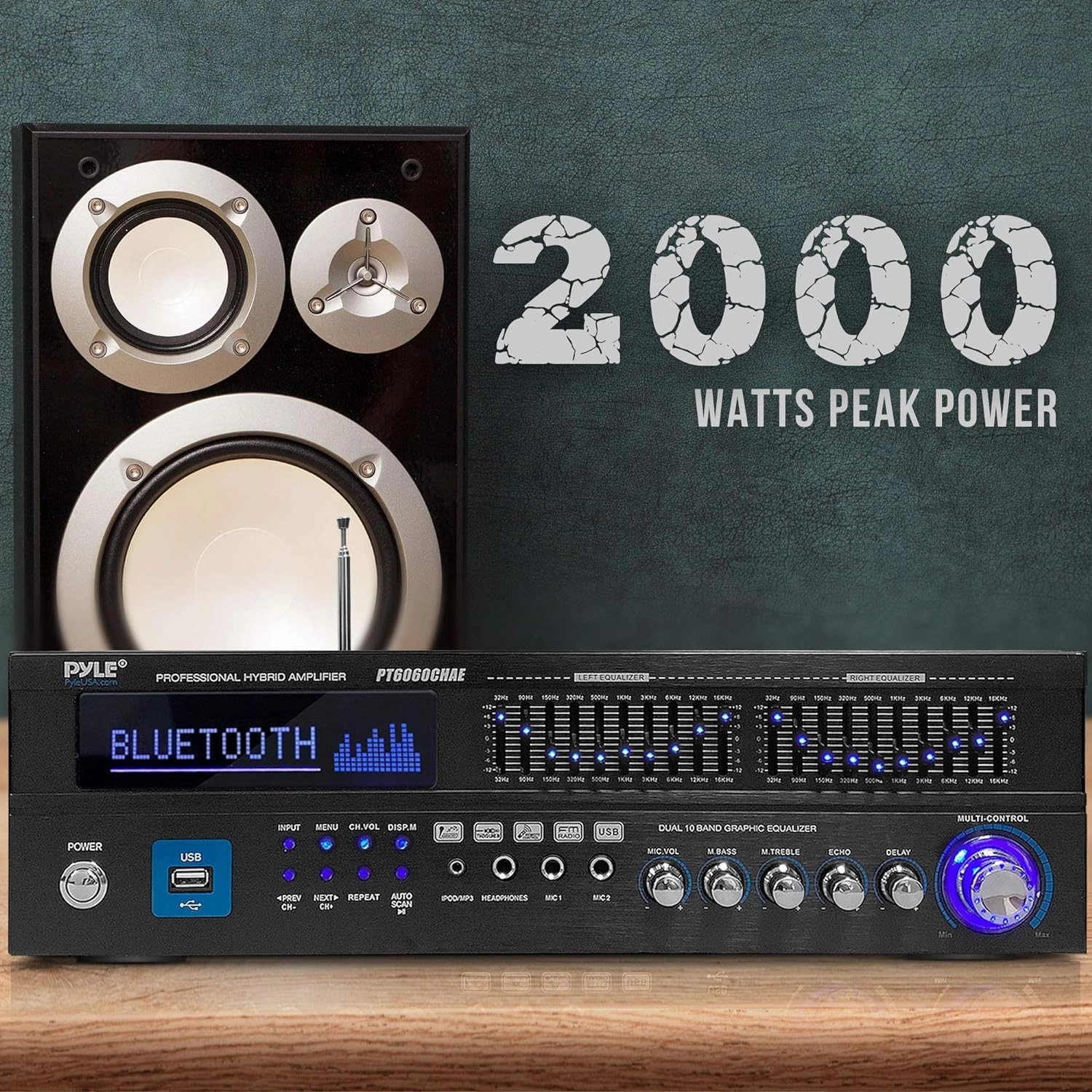 Pyle 2000W Bluetooth 5.0 - 6-Channel Home Amplifier - Rack Mount Stereo Receiver with Radio - USB/AUX/RCA/Mic - Optical/Coaxial - AC-3 - DVD Inputs - Dual 10-Band EQ - PT6060CHAE