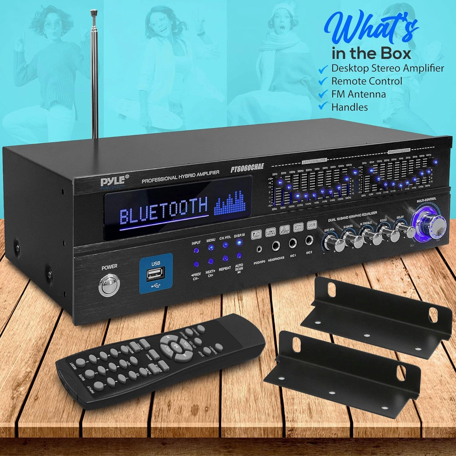 Pyle 2000W Bluetooth 5.0 - 6-Channel Home Amplifier - Rack Mount Stereo Receiver with Radio - USB/AUX/RCA/Mic - Optical/Coaxial - AC-3 - DVD Inputs - Dual 10-Band EQ - PT6060CHAE