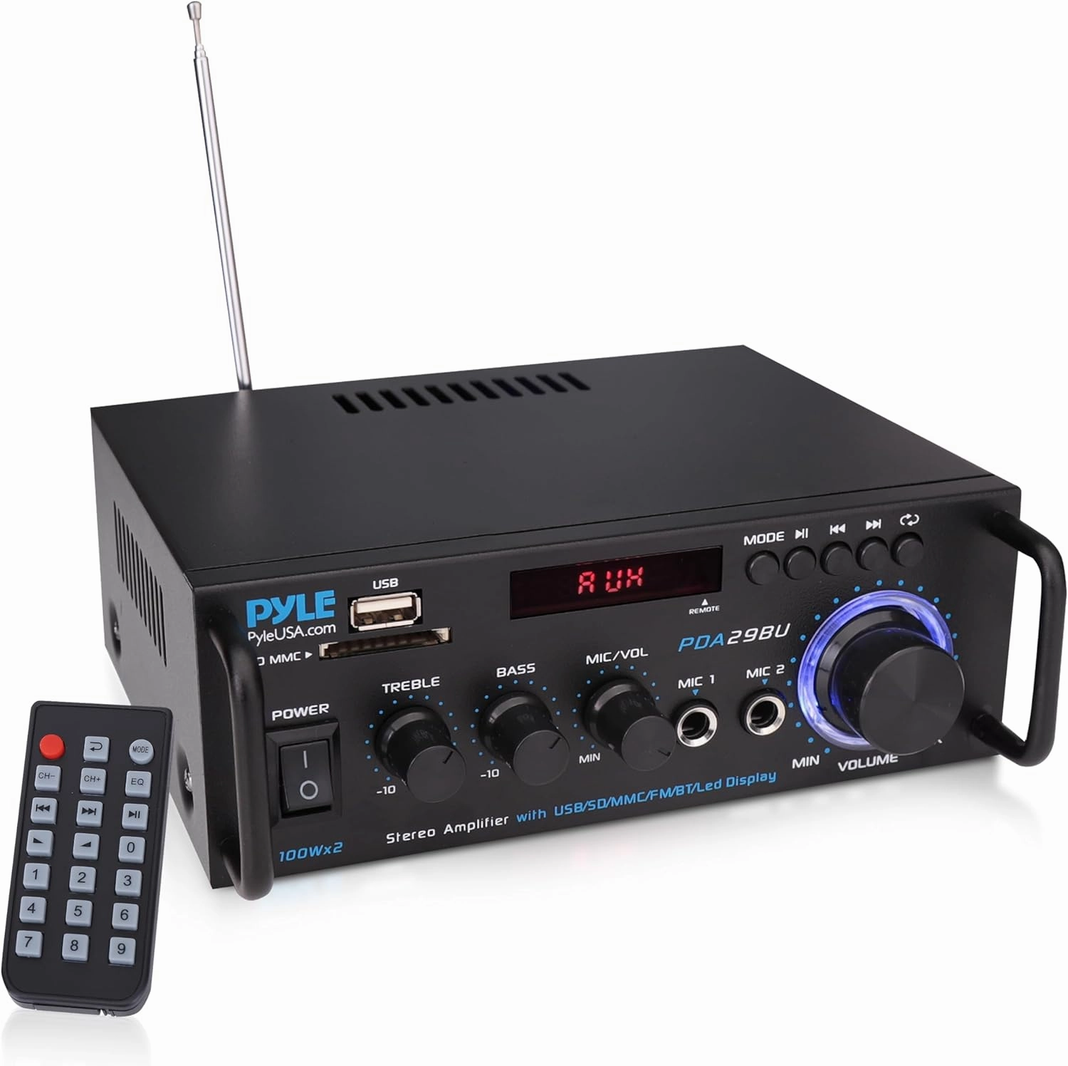 Pyle 200W Stereo Power Amplifier with Bluetooth - Dual Channel Audio Receiver - LED Display - RCA - USB - SD - MIC IN - FM Radio - AUX Input - Perfect for Home & Computer Audio - PDA29BU.5 power amplifier,stereo amp,hi-fi power amp,