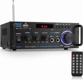 Pyle 200W Wireless Bluetooth Stereo Power Amplifier - 2-Channel Audio Receiver with RCA - USB - SD - MIC IN - FM Radio - Remote Control - AUX Input for Home Theater & Studio Use - PDA29BU.6 power amplifier,stereo amp,hi-fi power amp,