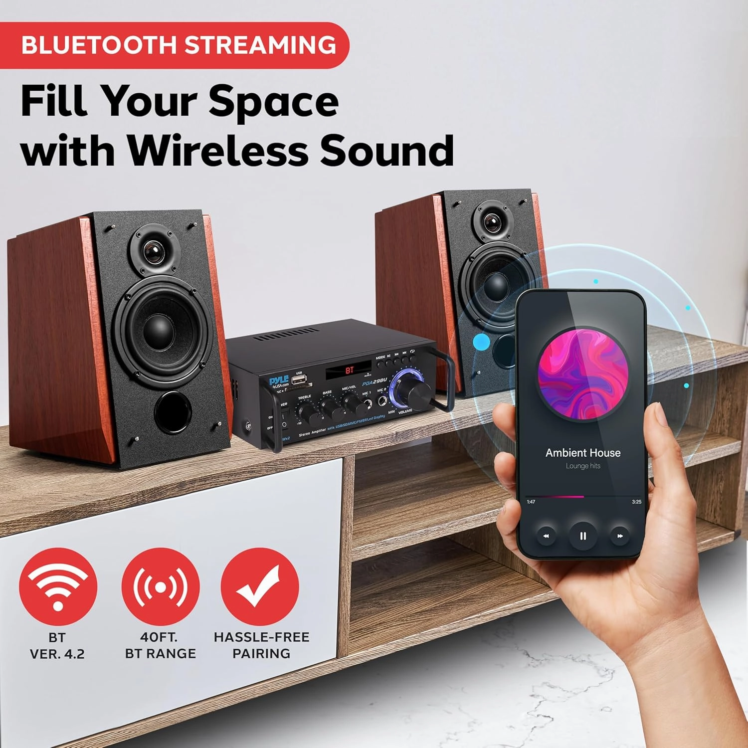 Pyle 200W Wireless Bluetooth Stereo Power Amplifier - Dual Channel Audio Receiver with RCA - USB - SD - MIC IN - FM Radio - AUX Input - Remote Control for Home Theater & Studio Use - PDA29BU