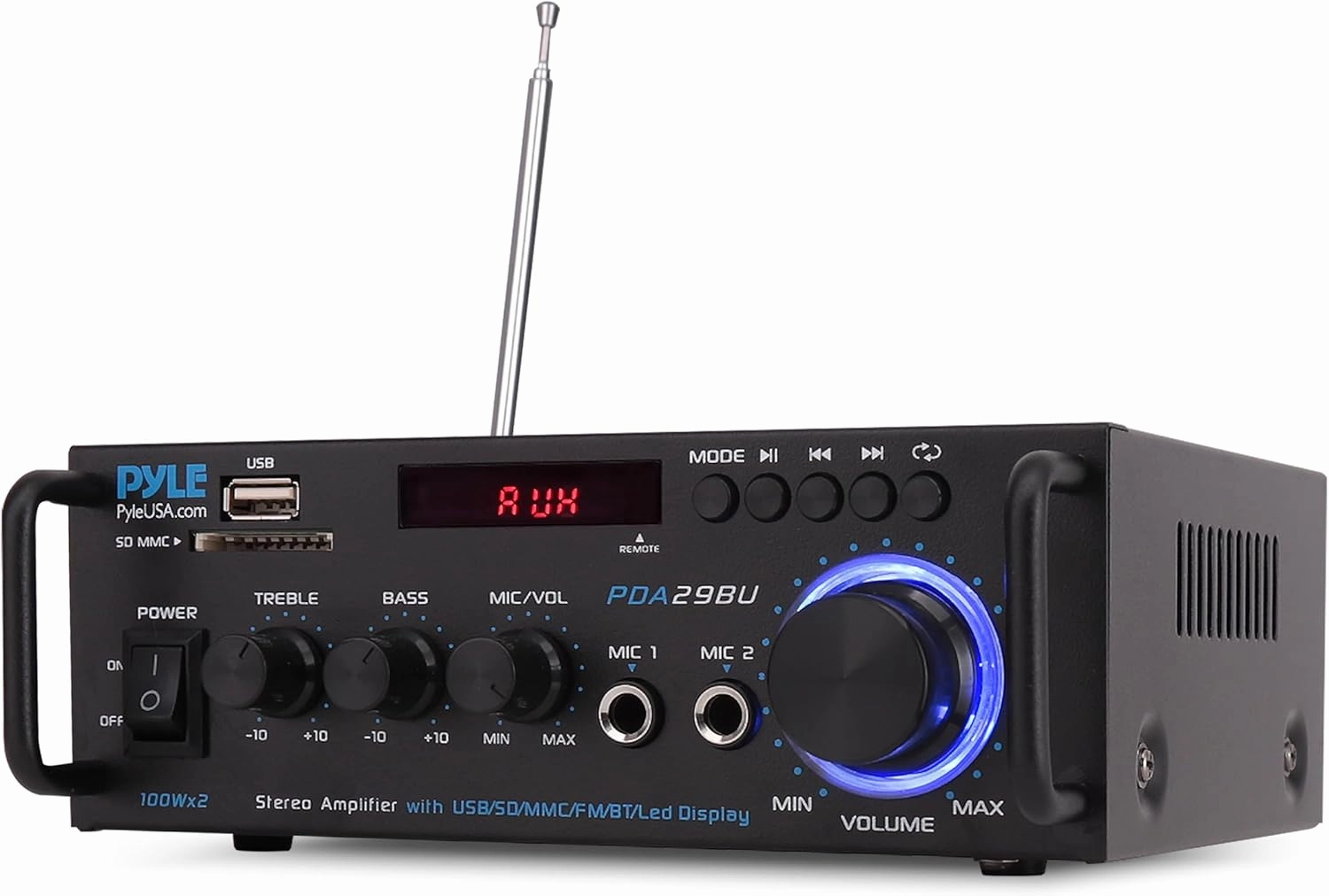 Pyle 200W Wireless Bluetooth Stereo Power Amplifier - Dual Channel Audio Receiver with RCA - USB - SD - MIC IN - FM Radio - AUX Input - Remote Control for Home Theater & Studio Use - PDA29BU power amplifier,stereo amp,hi-fi power amp,