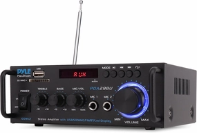 Pyle 200W Wireless Bluetooth Stereo Power Amplifier - Dual Channel Audio Receiver with RCA - USB - SD - MIC IN - FM Radio - AUX Input - Remote Control for Home Theater & Studio Use - PDA29BU power amplifier,stereo amp,hi-fi power amp,