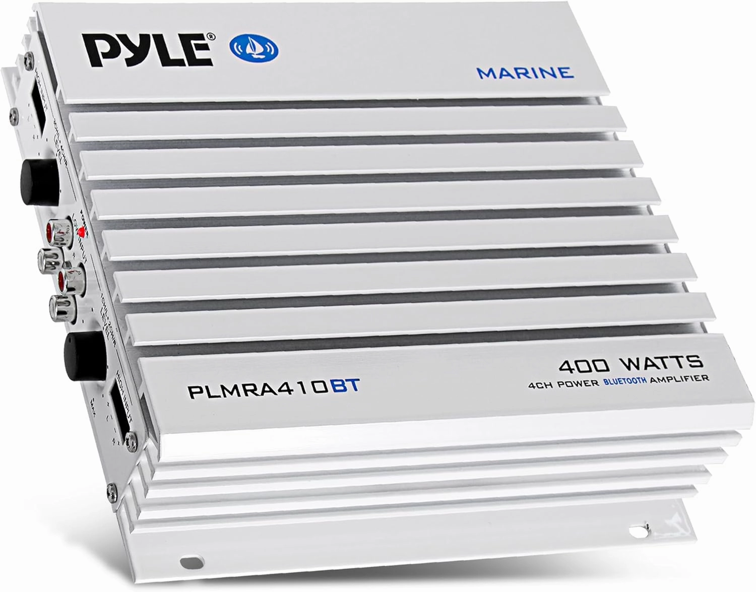 Pyle 2.1 Bluetooth Marine Amplifier Receiver - Waterproof 4 Channel Wireless Bridgeable Audio Amp for Stereo Speaker with 400W Power Dual MOSFET Supply, GAIN Level & LED Indicator, Black - PLMRA410BT wireless audio bridge,Bluetooth transmitter,WiFi aud