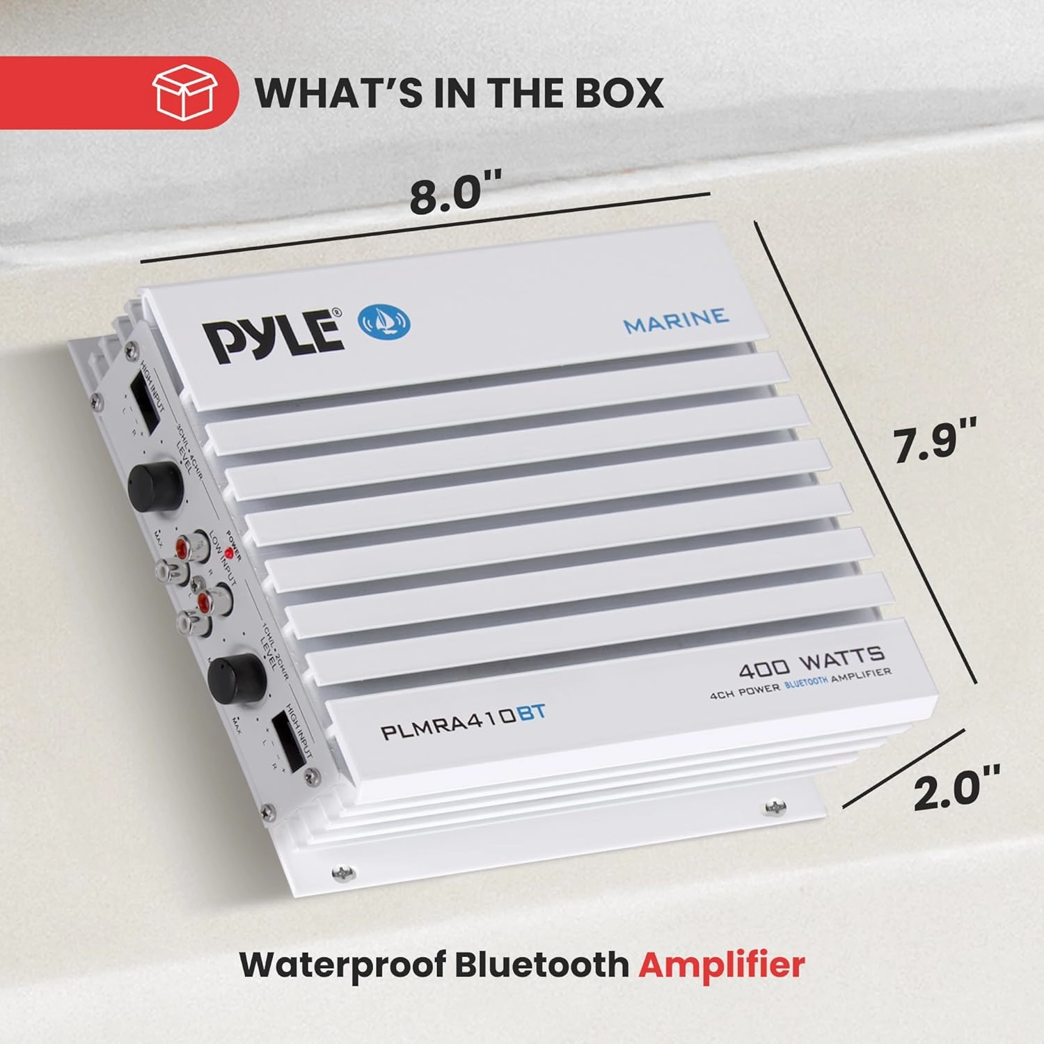 Pyle 2.1 Bluetooth Marine Amplifier Receiver - Waterproof 4 Channel Wireless Bridgeable Audio Amp for Stereo Speaker with 400W Power Dual MOSFET Supply, GAIN Level & LED Indicator, Black - PLMRA410BT