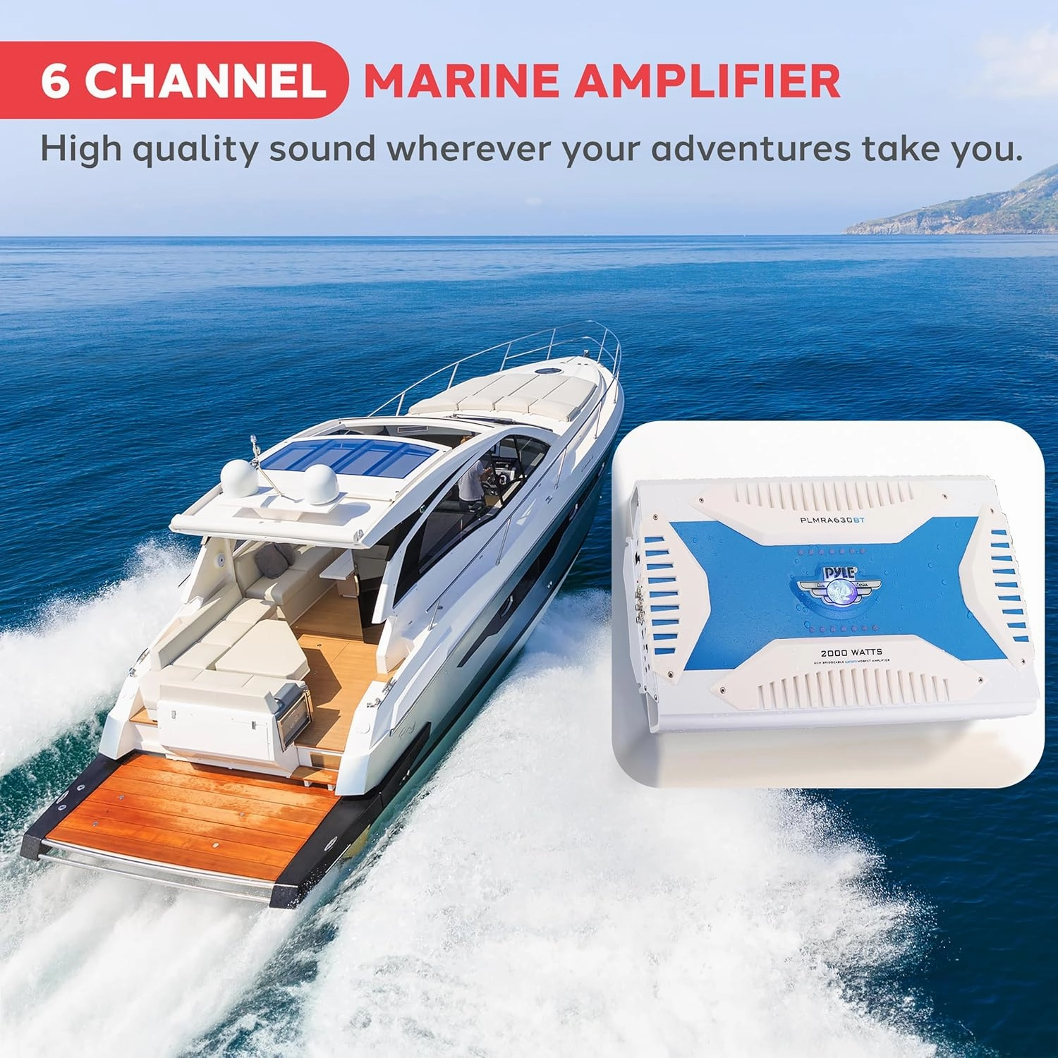 Pyle 2.1 Bluetooth Marine Amplifier Receiver - Waterproof 6 Channel Wireless Bridgeable Audio Amp for Stereo Speaker with 2000 Watt Power Dual MOSFET Supply GAIN Level and LED Indicator - PLMRA630BT