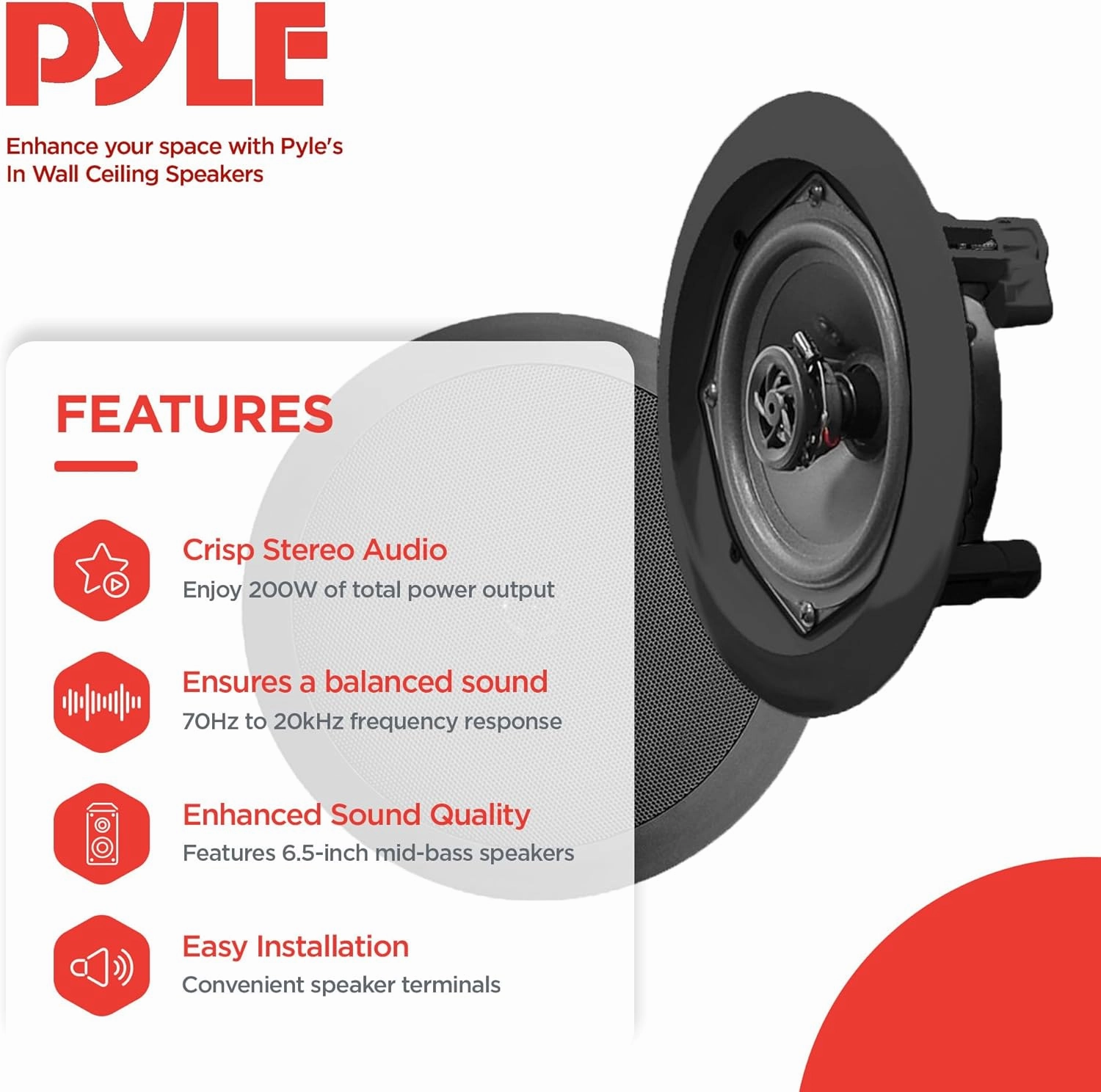 Pyle 2 Pack Dual 6.5 Inch Speaker System, in Wall and in Ceiling Stereo Sound, Black