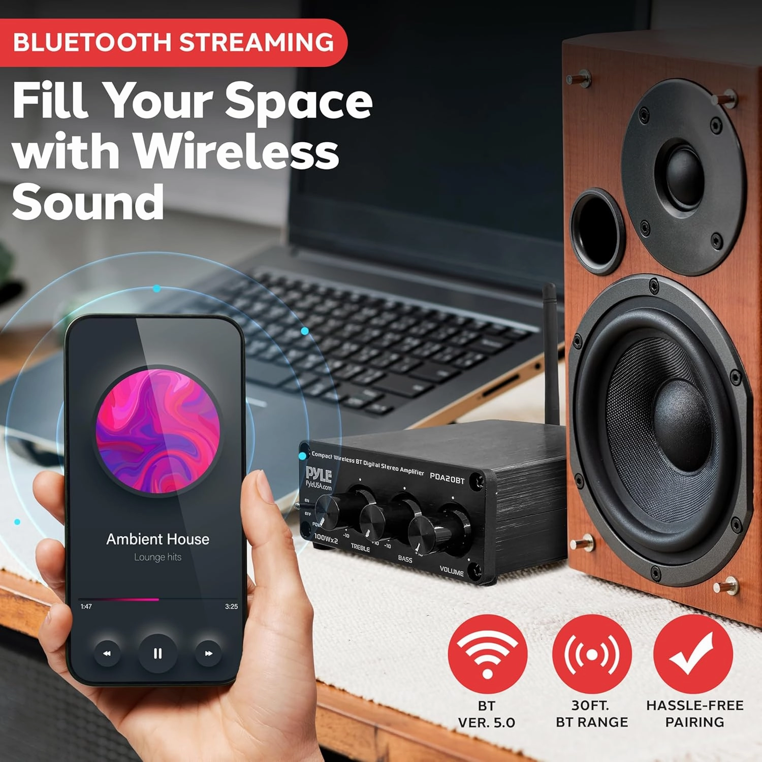 Pyle 2x100W Bluetooth HiFi Mini Audio Amplifier - Class D Stereo Receiver - Aluminum Diecast - for Desktop/PC - Wireless Streaming - Headphone Jack - PDA20BT